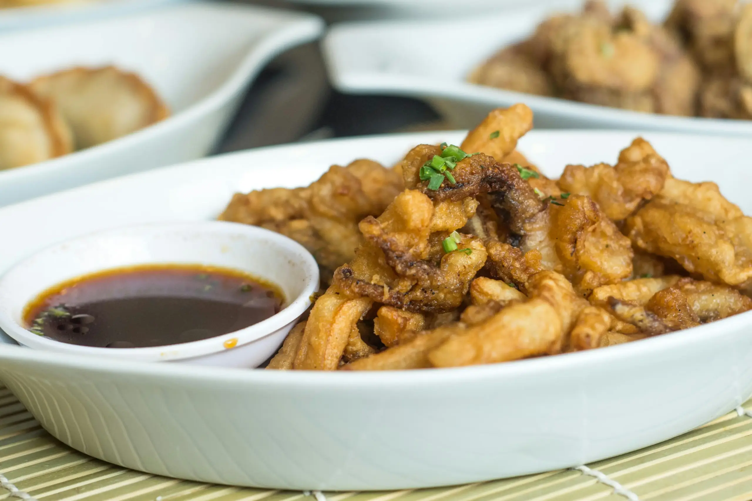 A white bowl holds golden-brown fried pieces, possibly calamari or chicken, garnished with fresh green scallions. Beside the crispy food sits a small dipping dish filled with a dark, savory sauce.