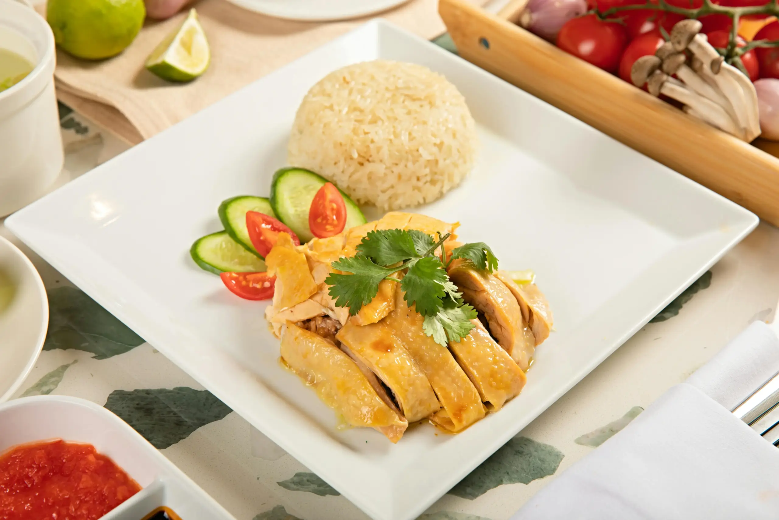 The image features a plate of Hainanese chicken rice accompanied by sliced cucumbers, tomatoes, and a sprig of cilantro. The dish is presented on a white square plate alongside bowls of chili sauce and fresh ingredients like lime and mushrooms in the background.